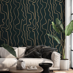 Modern Abstract Peel and Stick Wallpaper - Dark Minimalist Line Art Wallcovering - Gold and Green Geometric Mural - Removable Decor