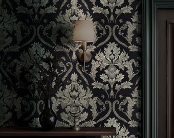 Black Damask Wallpaper, Peel And Stick, Luxury Dining Room Accent Wall