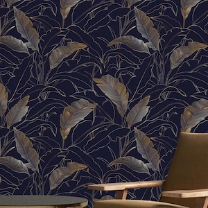 Dark Blue Tropical Leaf Wallpaper, Navy and Golden Botanical Peel and Stick, Exotic Jungle Wallpaper, Removable, Modern Home Decor