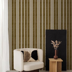 Carta da parati rustica a righe Boho - Decorazione murale minimalista da staccare e attaccare senape e beige - Murale con motivo etnico vintage