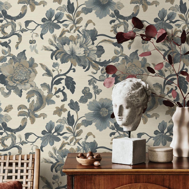 Toile de fond Fenêtre Bleue Vintage Florale + Sol Beige Texturé LXX2-189