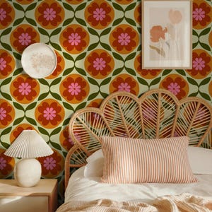 Retro 70s Floral Peel and Stick Wallpaper: Groovy Orange & Pink Flower Power