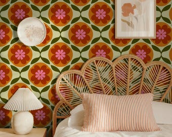 Tapeta samoprzylepna w stylu retro z lat 70. z motywem kwiatowym: Groovy Orange & Pink Flower Power