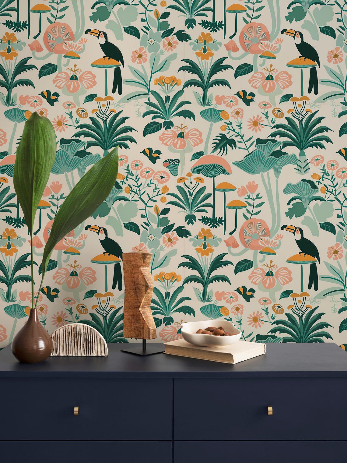 Tropical Botanical Wallpaper: Exotic Birds, Flowers, Fungi - Pastel