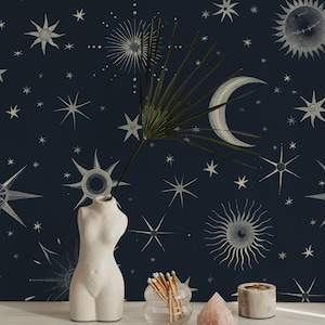 Carta da parati Midnight Celestial - Sole e Luna blu mistici - Arte murale staccabile e adesiva - Astrologia Cosmic Home Décor - Carta da parati rimovibile