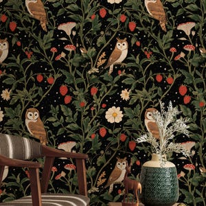 Papier peint forêt hibou, décoration murale botanique foncée, décoration boisée cottagecore, jardin de nuit vintage, art mural inspiré de la nature