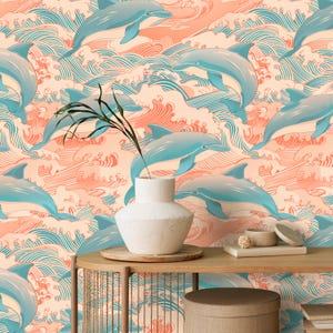 Carta da parati Playful Dolphin Ocean - Decorazione murale staccabile e adesiva con onde blu e pesca - Rimovibile, perfetta per le camerette dei bambini o le case costiere