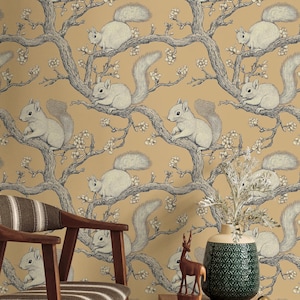 Vintage Eichhörnchen Tapete - Waldtiere schälen und aufkleben - abnehmbare, niedliche, von der Natur inspirierte Wandkunst für gemütliche Häuser und Kindergärten