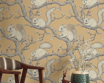 Carta da parati vintage con scoiattoli: decorazione murale da staccare e attaccare in stile bosco