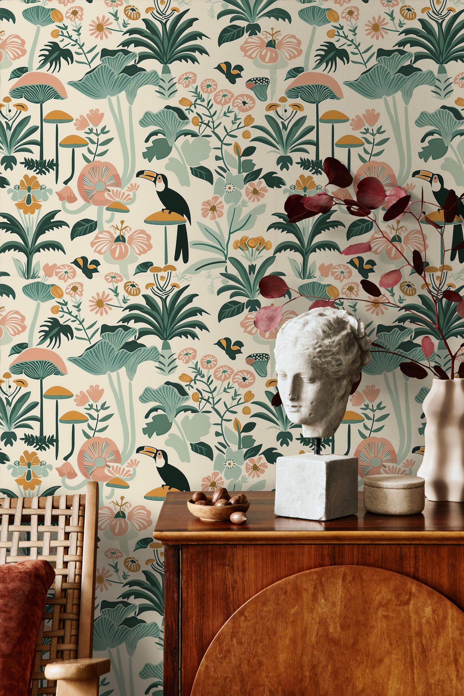 Tropical Botanical Wallpaper: Exotic Birds, Flowers, Fungi - Pastel
