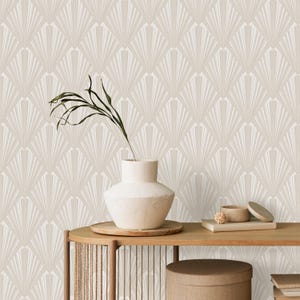 Carta da parati beige Art Deco - Elegante motivo a ventaglio da staccare e attaccare - Decorazione moderna e minimalista per la casa