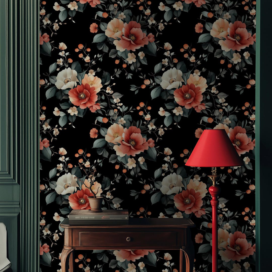 Dark Floral Wallpaper: Vintage Botanical Peel and Stick Wall Mural - Etsy