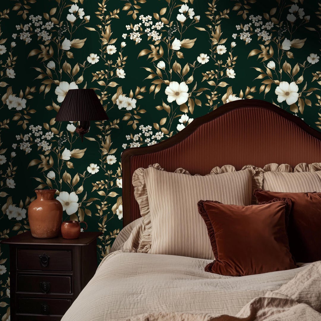 Emerald Green Floral Wallpaper: Elegant Botanical Wall Mural (peel and ...