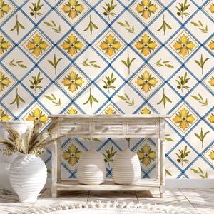 Mediterranean Tiles Wallpaper, Watercolor Olive Leaf Wallpaper, İtalian Style Tile Peel and Stick, Blue Accents Rustic Coastal Home Decor