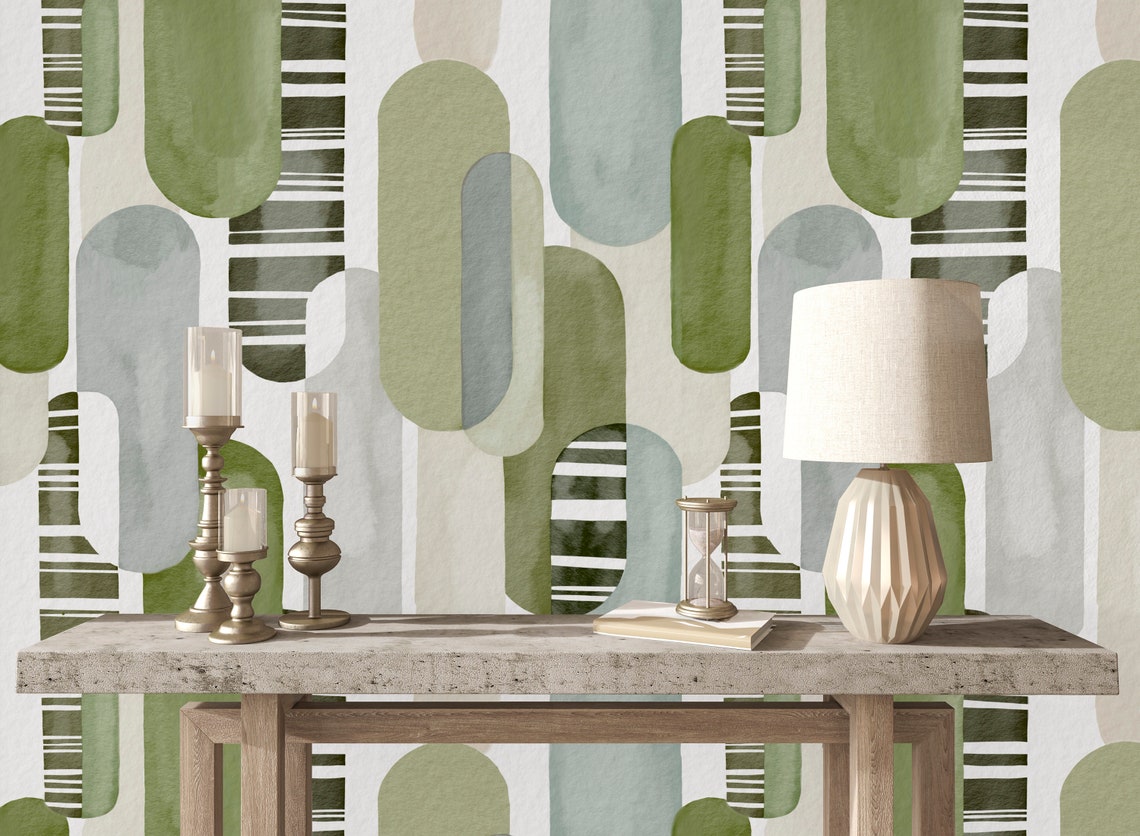 Green Watercolor Abstract Wallpaper,sage Green Geometric Wallcovering ...
