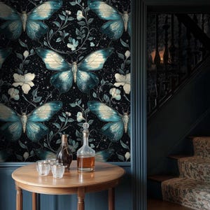 Teal Butterfly Wallpaper Enchanted Forest | Starlight Garden Celestial Decor | Renter Friendly Option