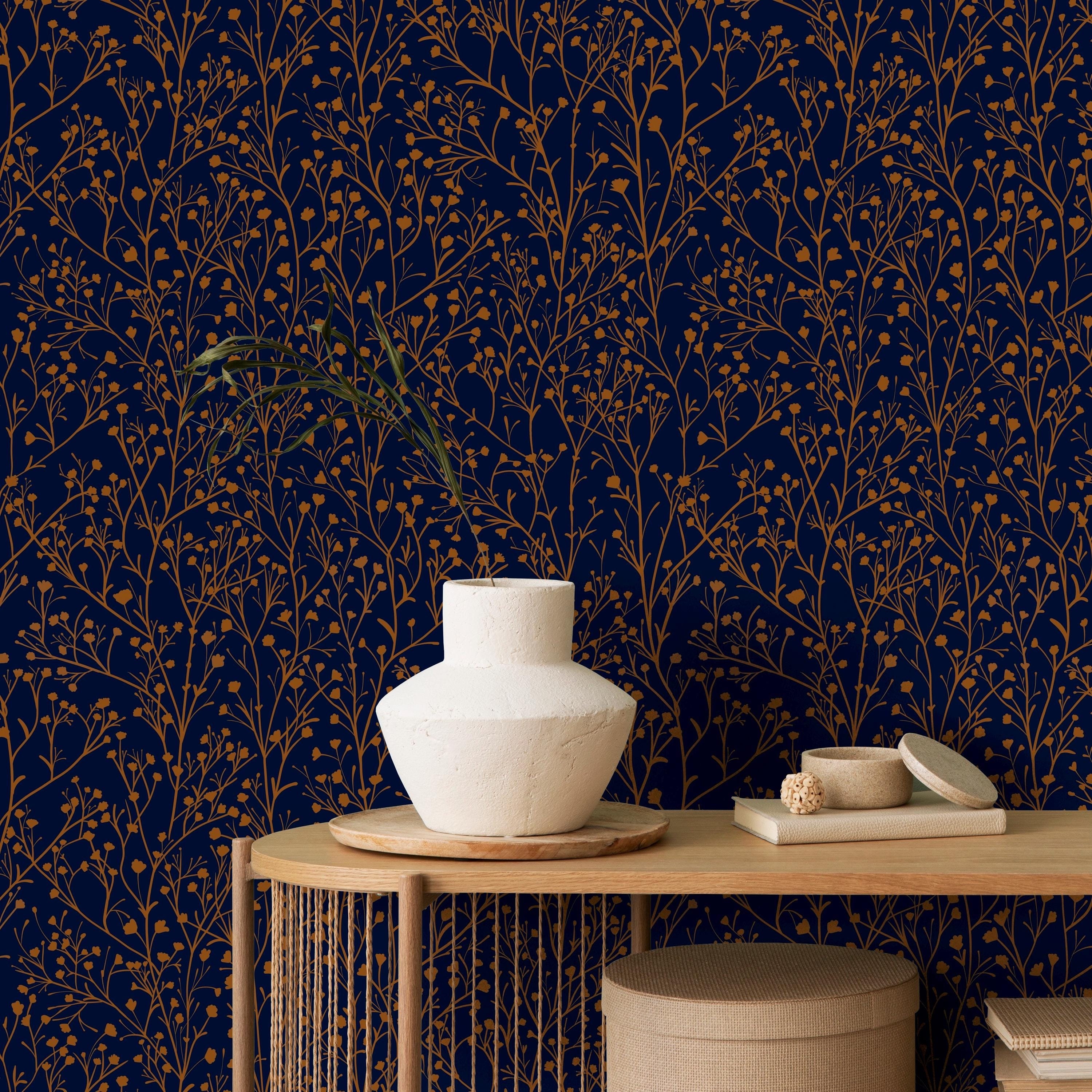 Navy Blue Floral Wallpaper: Delicate Botanical Peel and Stick Wall Art ...