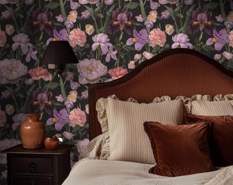 Moody Purple Floral Wallpaper | Celestial Garden Wall Mural for Bedroom or Dressing Room