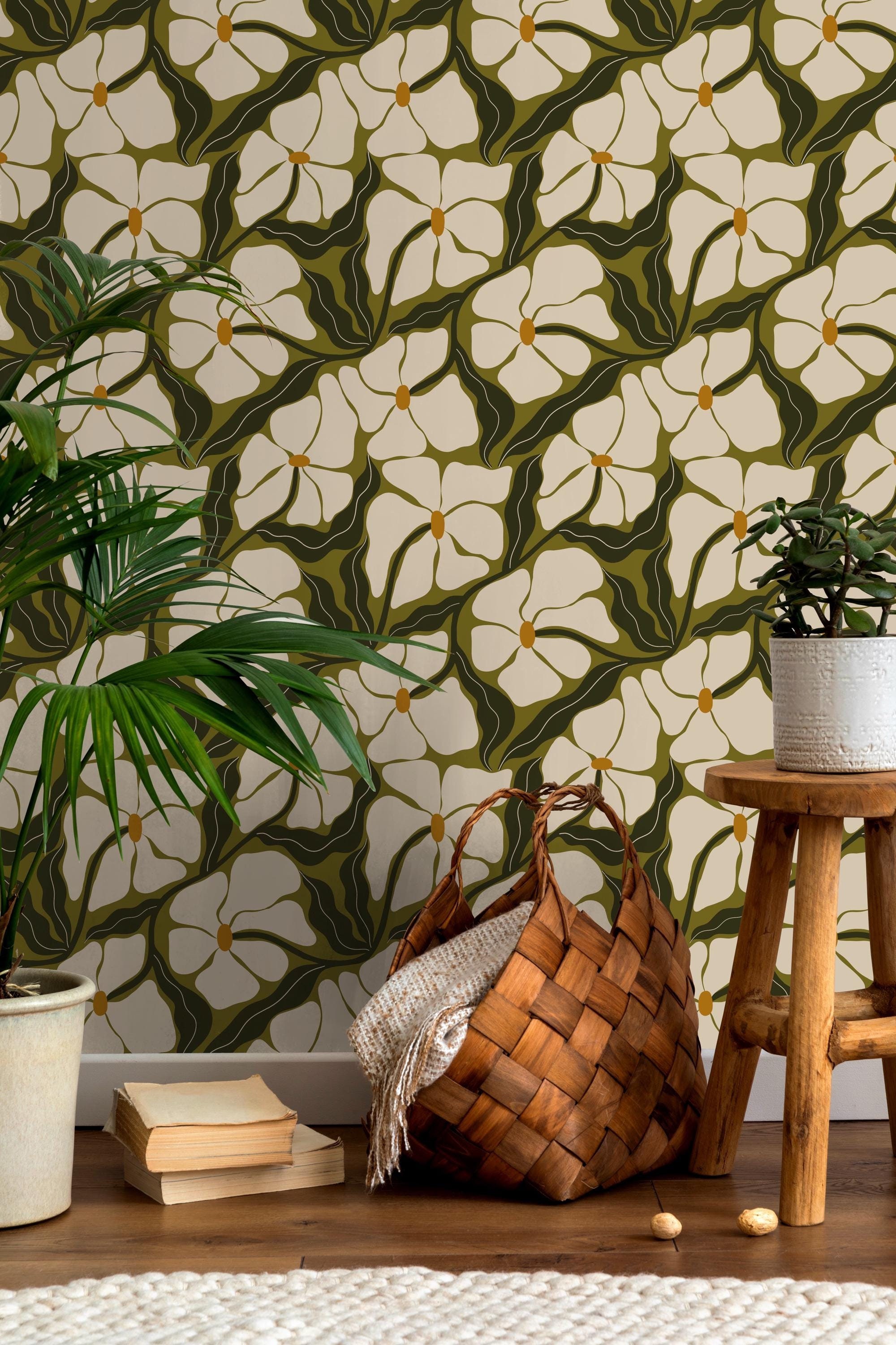 Vintage Olive Green Floral Wallpaper - 1960s Groovy Design, Peel