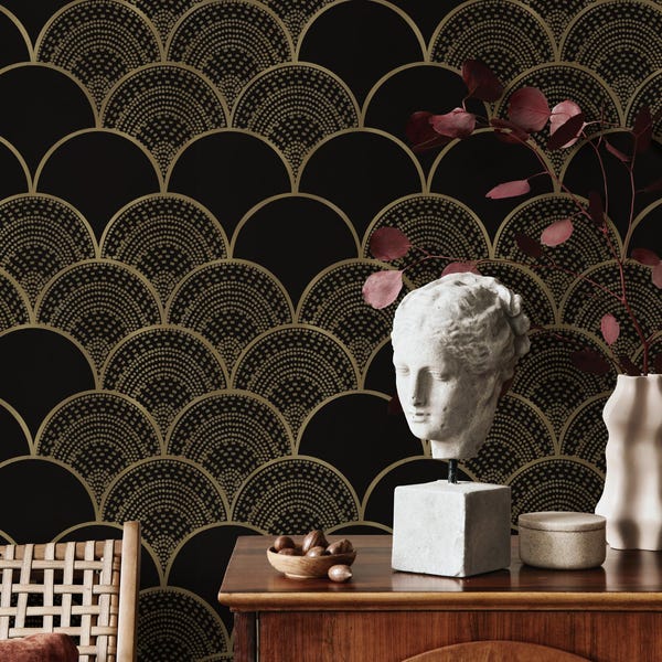 Art Deco Fan Wallpaper: Black and Gold Peel & Stick
