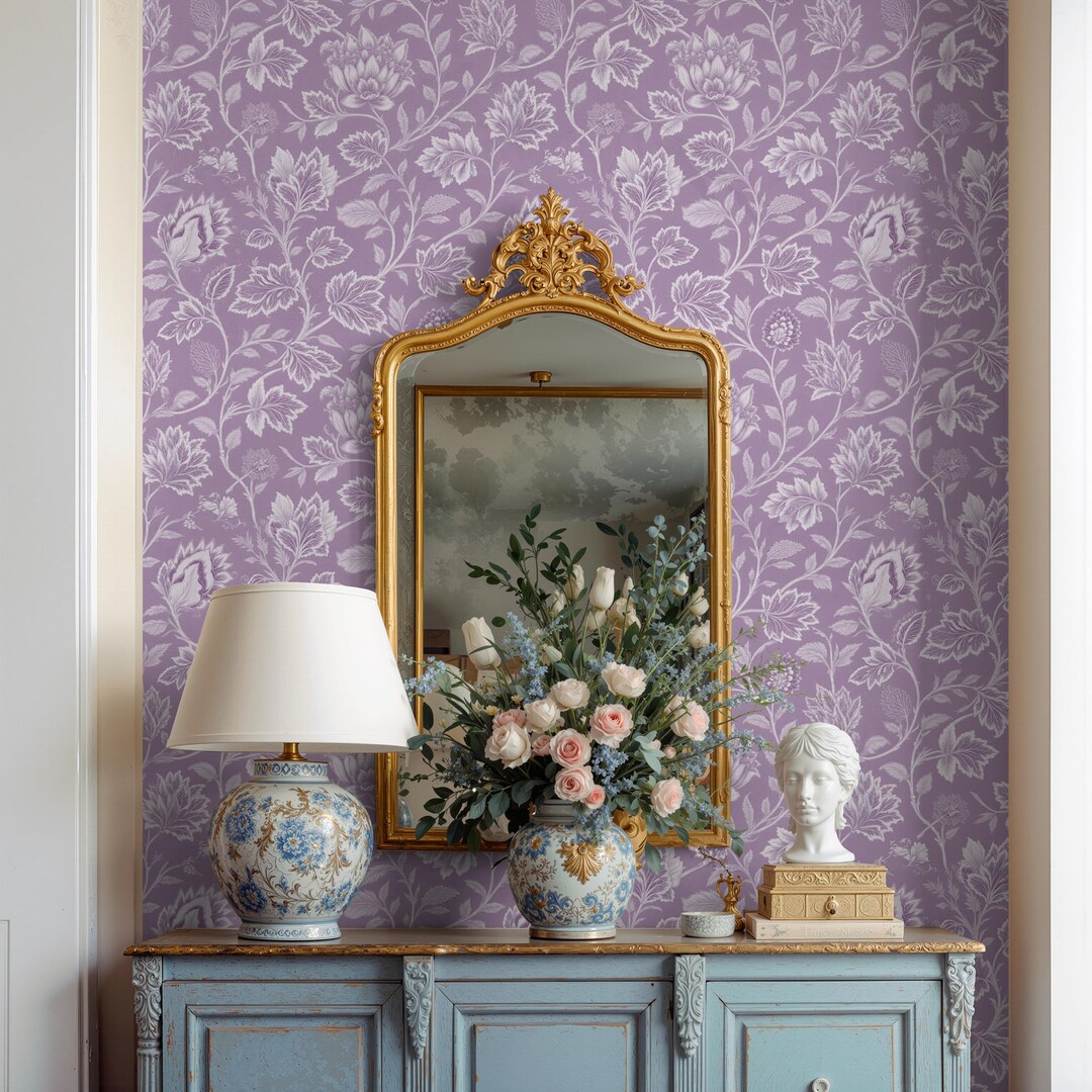 Purple Floral Wallpaper: Non-pasted Rolls for Powder Room Wall Decor - Etsy