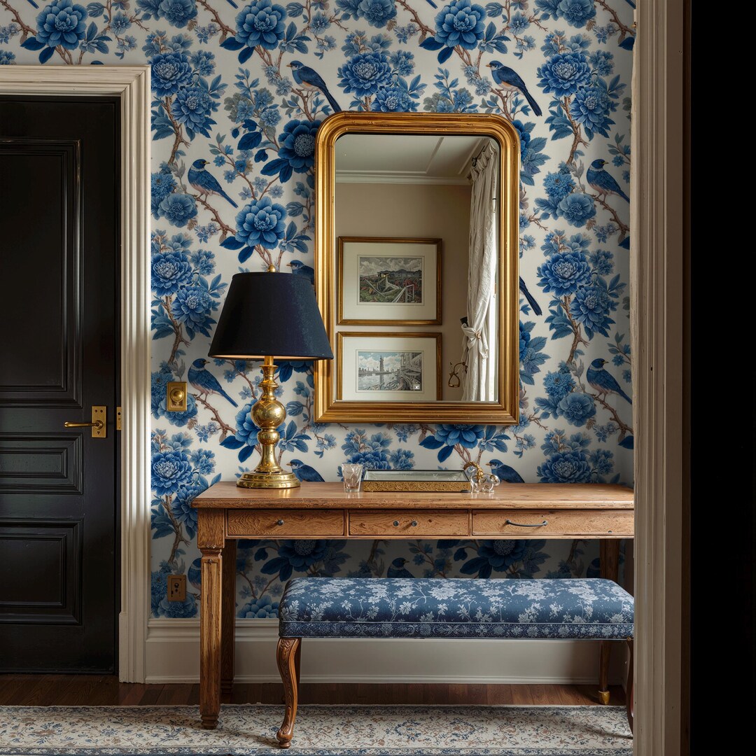 Blue Chinoiserie Wallpaper: Pre-pasted Rolls for Entryway Wall Decor - Etsy