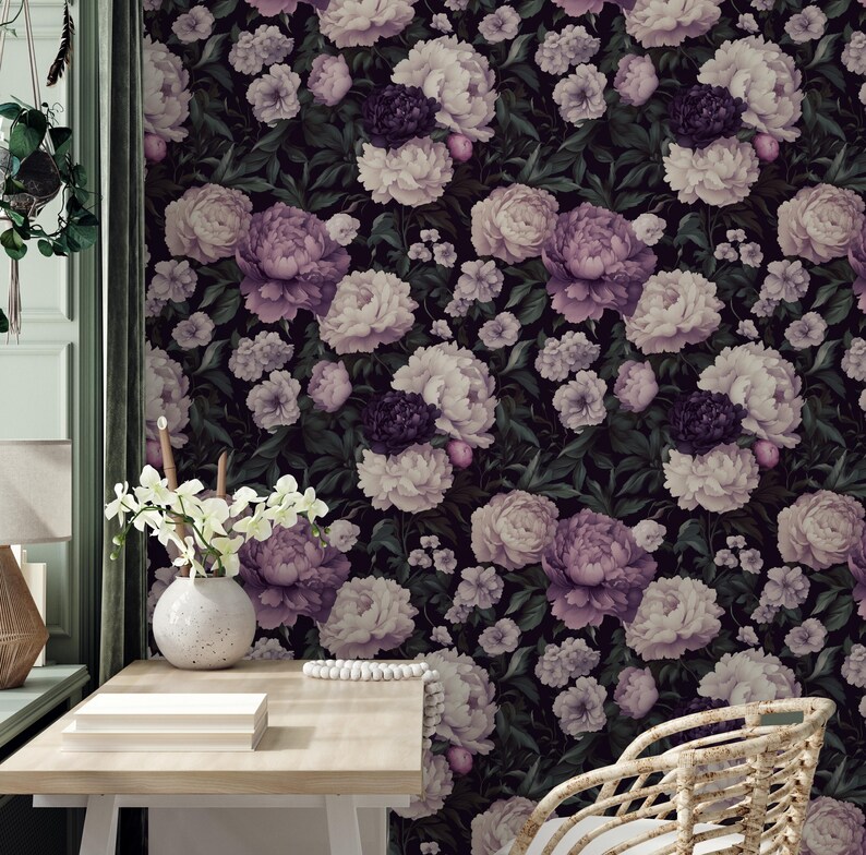 Dark Floral Peony Wallpaper: Gothic Victorian Peel and Stick Mural - Etsy