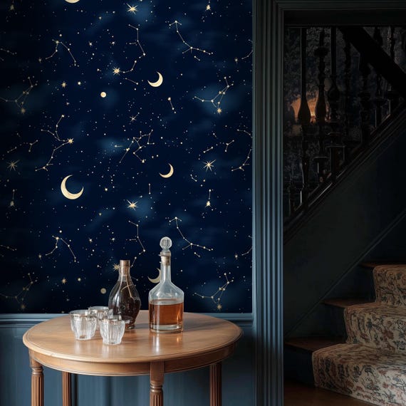 Deep Blue Zodiac Wallpaper | Renter-Friendly Constellation Wallcovering for Accent Walls or Teen Rooms