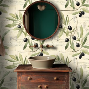 Carta da parati Olive Branch - Carta da parati murale botanica vintage con scritte ed erbe - Stacca e attacca o incolla per cucina o bagno