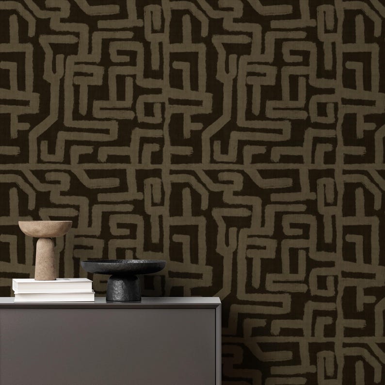 African Brown Mudcloth Wallpaper, Ethnic Tribal Peel and Stick, Linen