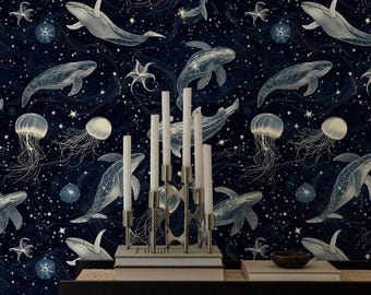 Celestial Ocean Wallpaper: Whale, Jellyfish, Stars Peel and Stick