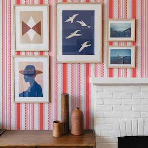 Preppy Retro Stripe Wallpaper | Pink and Red Wavy Trim Pattern | Peel and Stick or Pre-Pasted for Cheerful Dopamine Decor Nursery