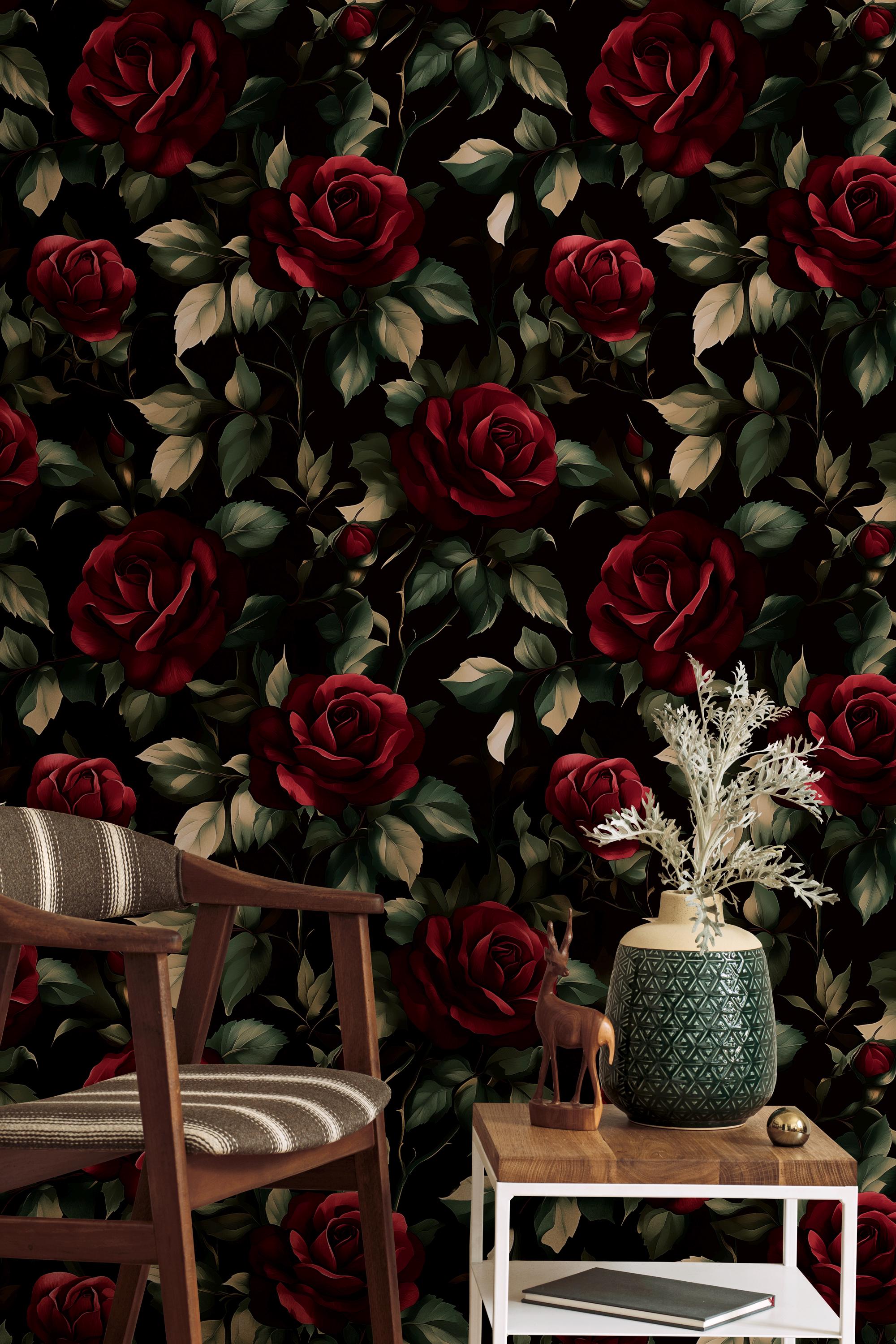 Dark Red Rose Floral Wallpaper: Gothic Peel and Stick Wall Mural - Etsy