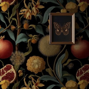 May include: A dark wallpaper pattern featuring red pomegranates, some whole and some halved, interspersed with yellow flowers, spiky seed heads, and green leaves. A rectangular gold-toned frame containing a brown butterfly is centred.