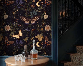 Moody Butterfly Wallpaper: Dark Floral Garden Peel and Stick Mural