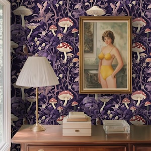 Carta da parati con funghi incantati / murale con foresta oscura con fogliame viola e uccelli / decorazione murale staccabile e attaccabile per corridoio o angolo