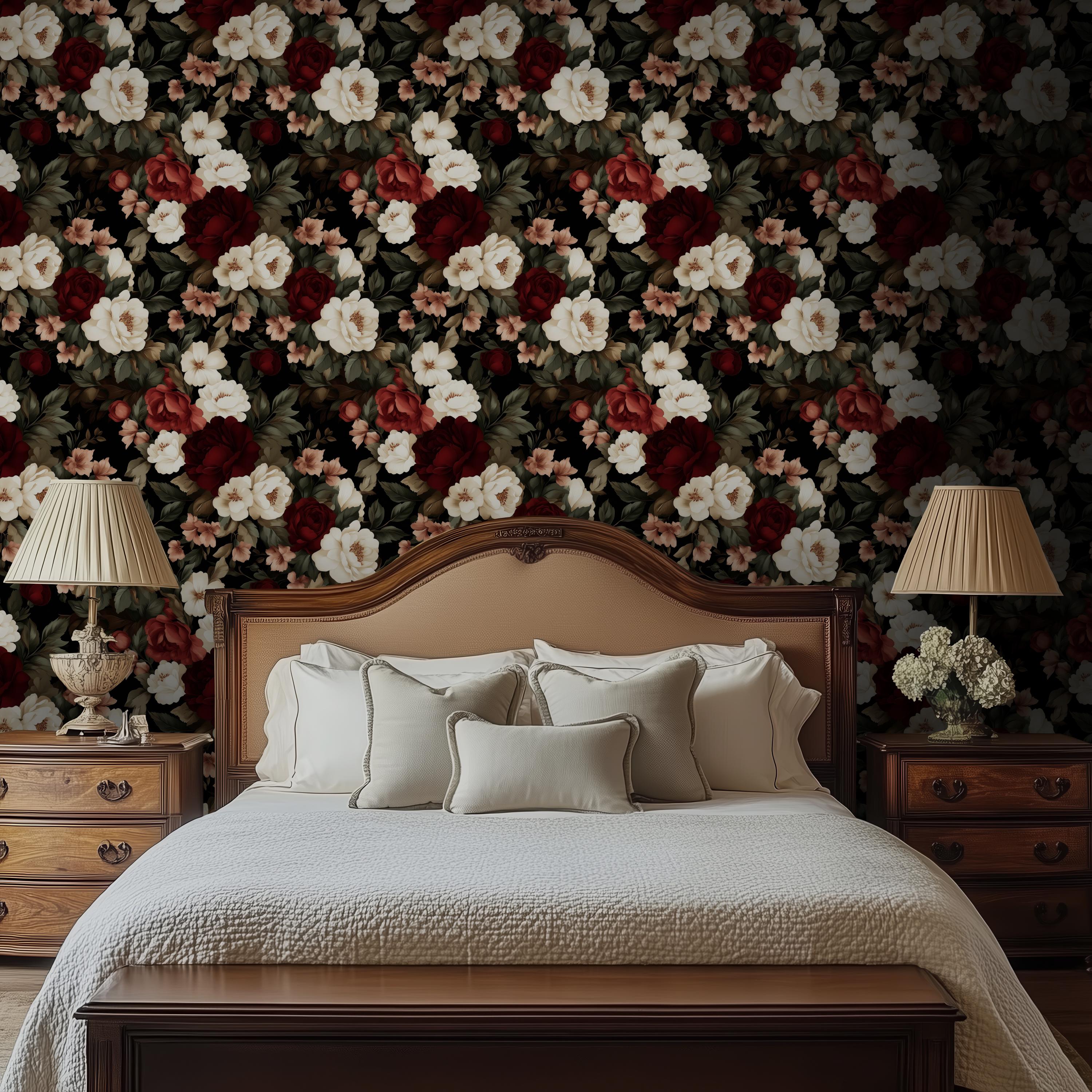 Vintage Floral Wallpaper: Dark Red & Ivory Roses, Peel and Stick Wall ...