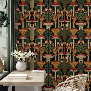 Art Deco Pilz Tapete - Vintage botanisches Wandbild zum Schälen und Aufkleben - Dunkelgrün und Goldwaldästhetik - Retro Wohndekor