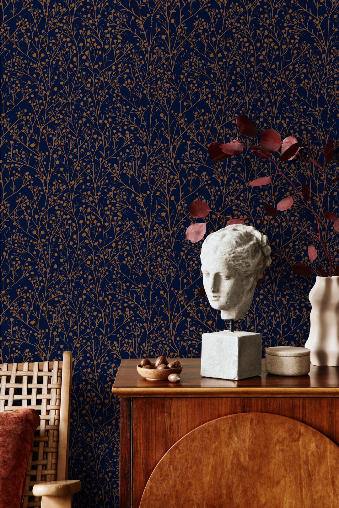 Navy Blue Floral Wallpaper - Peel and Stick Delicate Botanical Wall Art ...