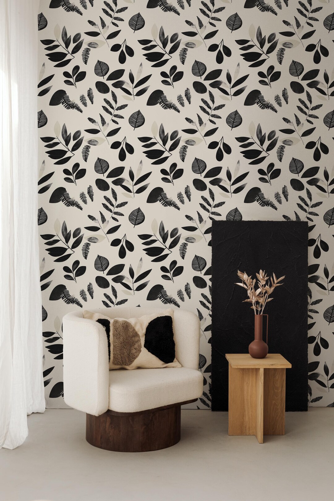 Minimalist Black and White Botanical Wallpaper - Peel and Stick