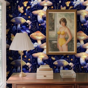 Mystical Mushroom & Butterfly Wallpaper | Enchanted Night Forest Wall Mural with Golden Accents | Peel and Stick or Prepasted