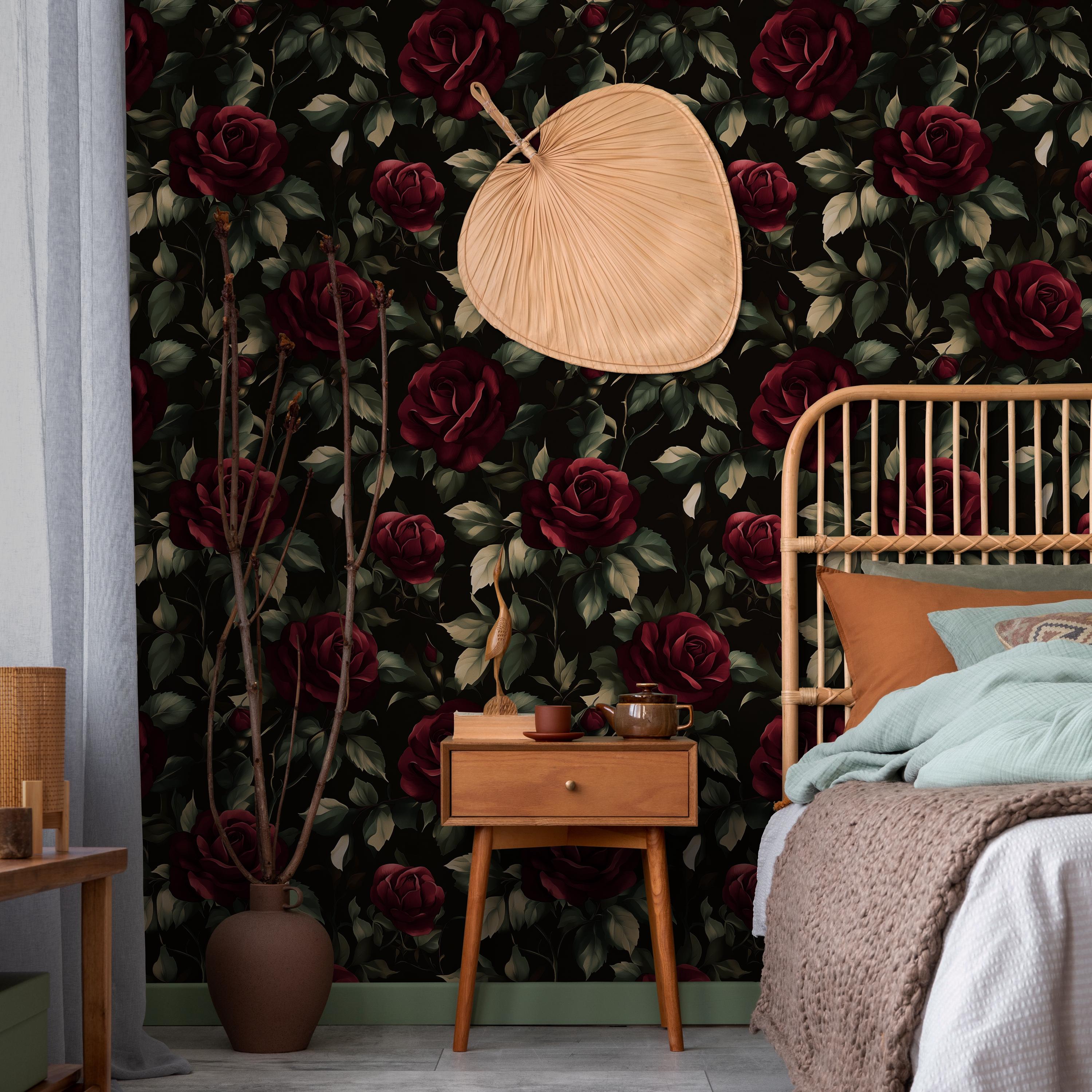 Dark Red Rose Floral Wallpaper: Gothic Peel and Stick Wall Mural - Etsy