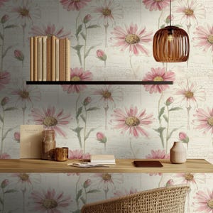 Carta da parati floreale vintage / Carta da parati botanica con margherite rosa e scritte / Decorazione murale romantica da staccare e attaccare per studio, camera da letto o cottage