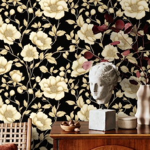 Carta da parati floreale nera e oro di lusso / Carta da parati botanica glamour / Staccabile o preincollata / Perfetta per soggiorno, camera da letto