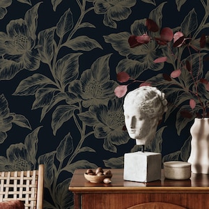 Elegant Dark Floral Wallpaper - Black Gold Botanical Peel and Stick Wall Art - Removable Vintage Luxe Decor for Living Room and Bedroom