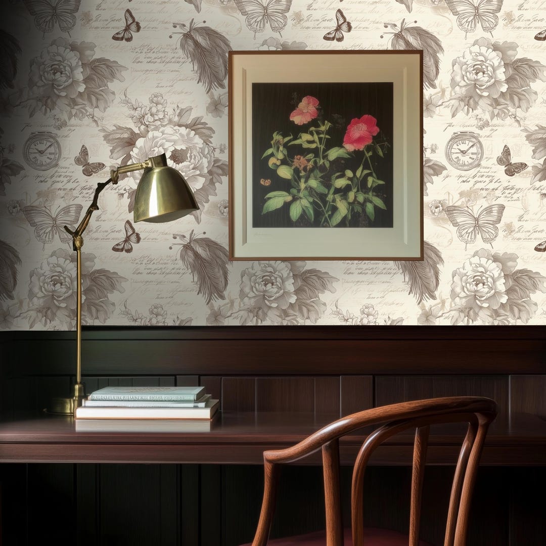 Vintage Sepia Floral Script Wallpaper | Hand-drawn Roses, Feathers ...