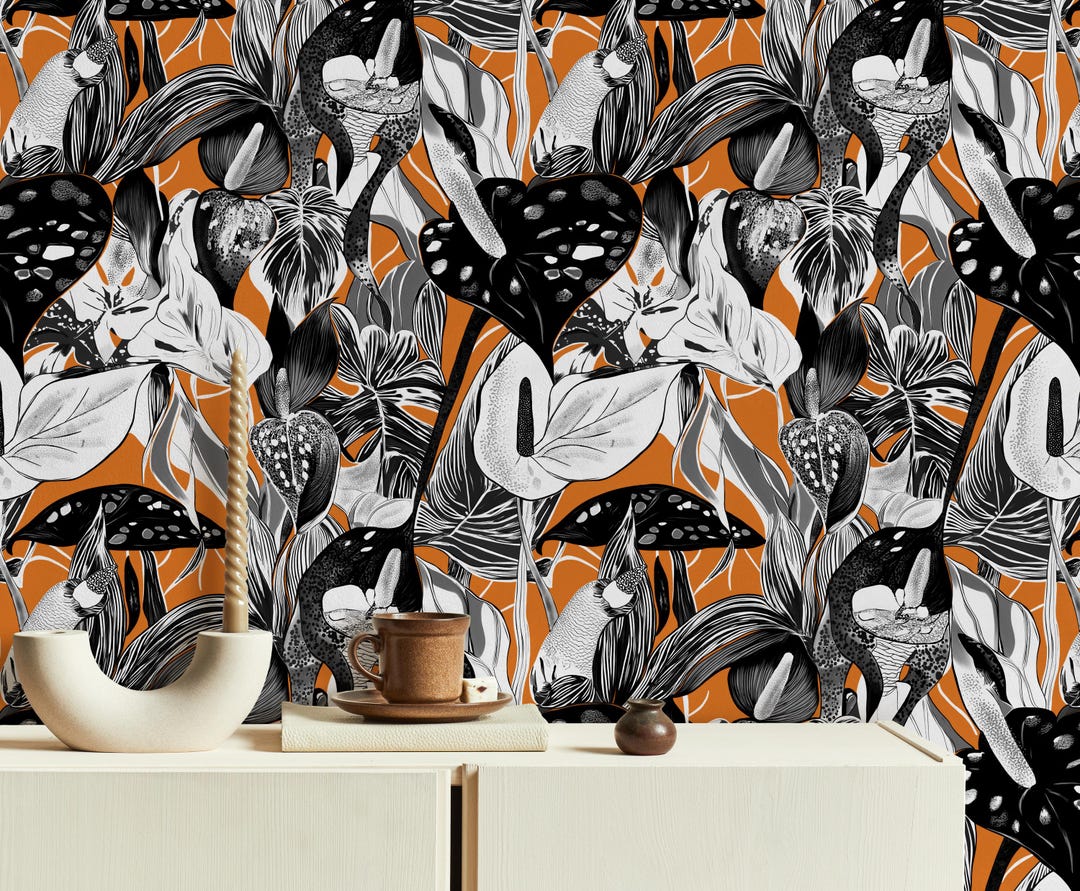 Bold Orange Botanical Wallpaper - Black and White Tropical Leaf and ...
