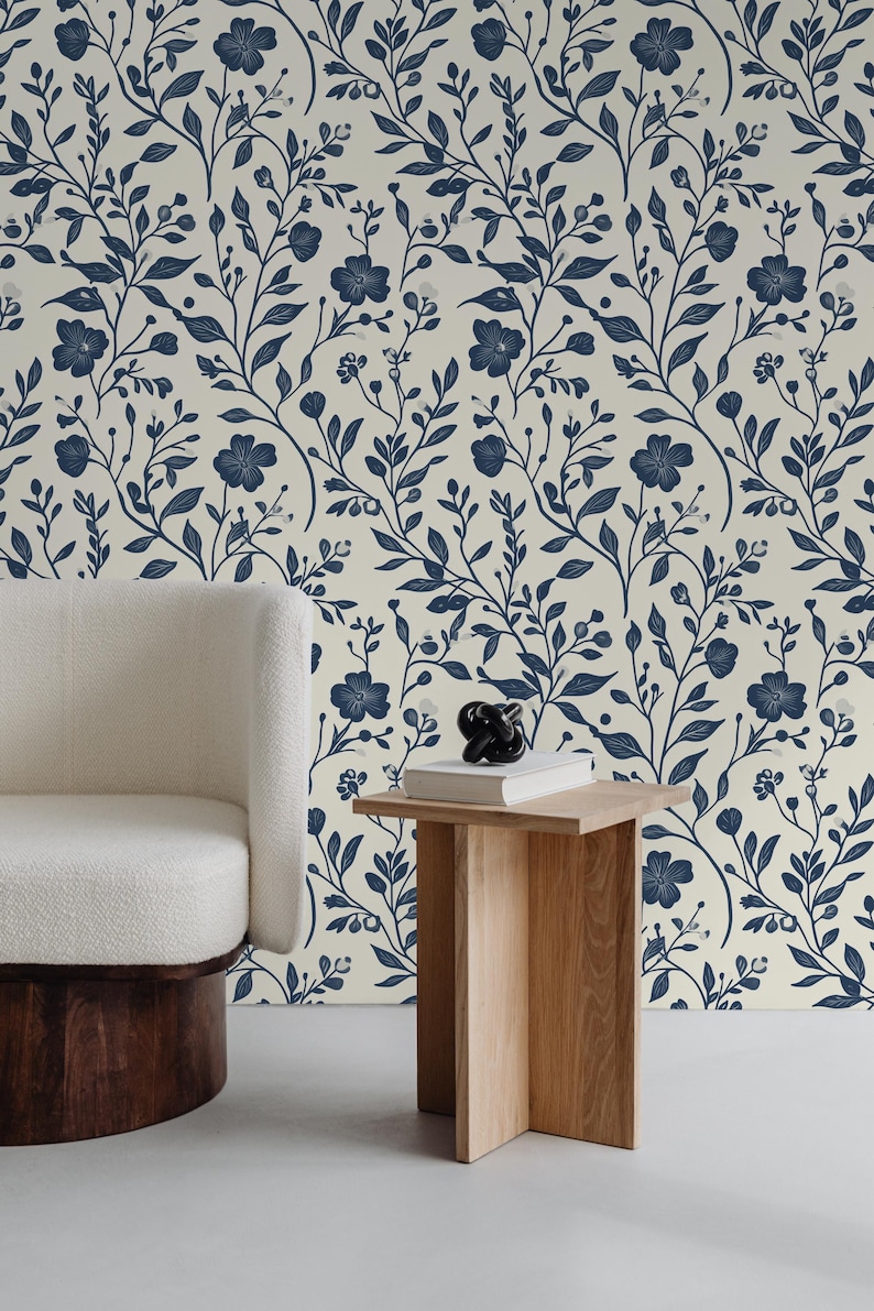 Blue Floral Wallpaper: Vintage Botanical Peel and Stick Wall Mural - Etsy