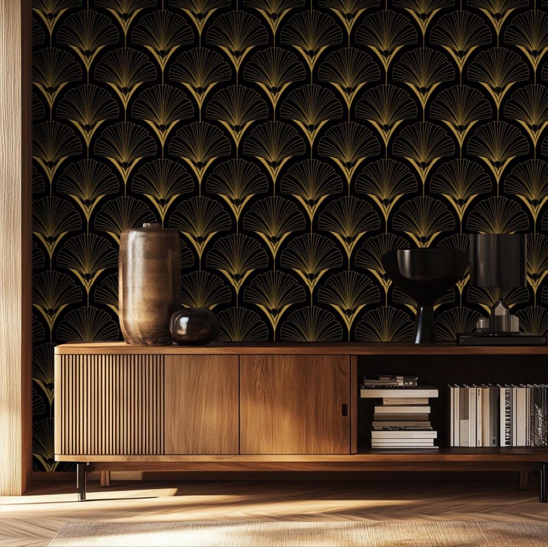 Art Deco Fan Wallpaper: Black and Gold Glam Wall Mural - Etsy