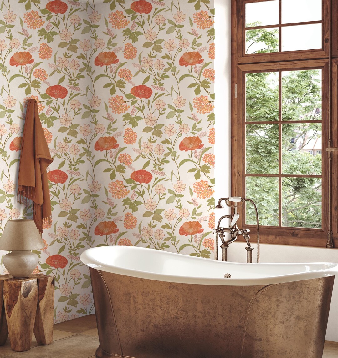 Watercolor Floral Wallpaper, Red Poppy Flowers Peel and Stick ...